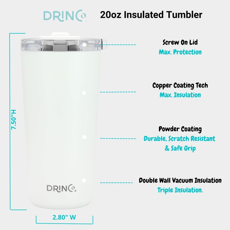 Drinco - 20 oz Stainless Steel Tumbler | Double Walled Vacuum Insulated Mug With Lid, 2 Straws, For Hot & Cold Drinks (20oz Artic White, 20oz) - Image 5